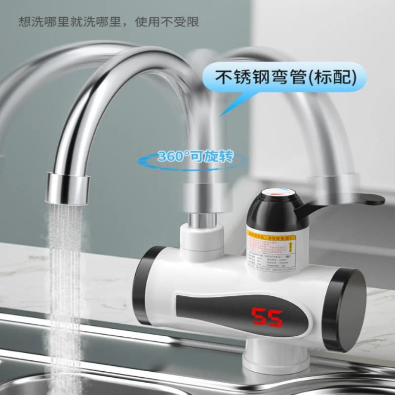Robinet Chauffe-Eau Instantané Électrique 3 000 W à Col de Cygne Orientable, Blanc