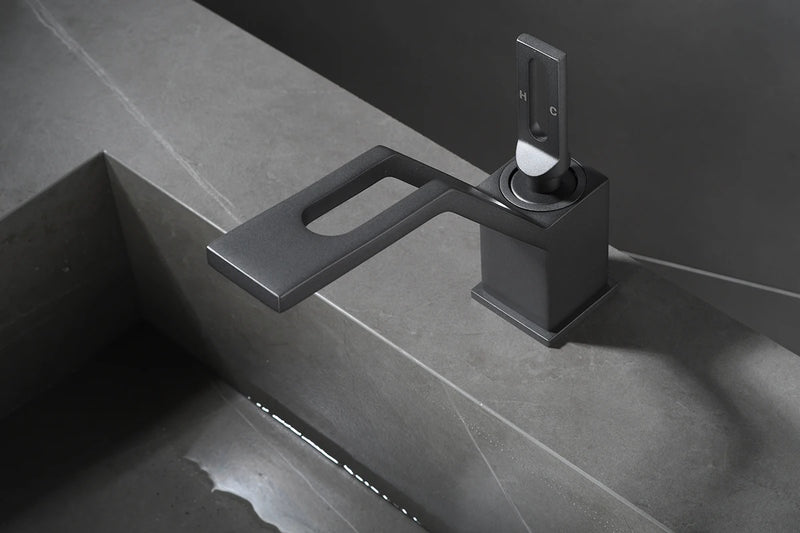 Mitigeur Lavabo Design Angulaire en Laiton Monotrou, Blanc, Chromé, Noir ou Gris