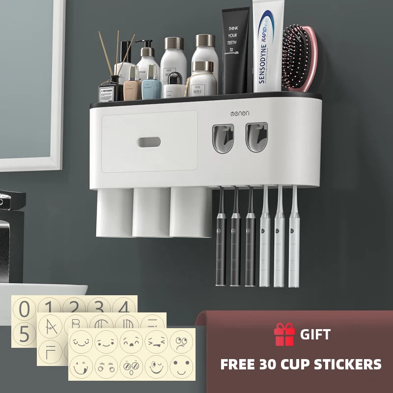 Porte-Brosse à Dents Mural Magnétique, Distributeur de Dentifrice, 1 à 5 Gobelets