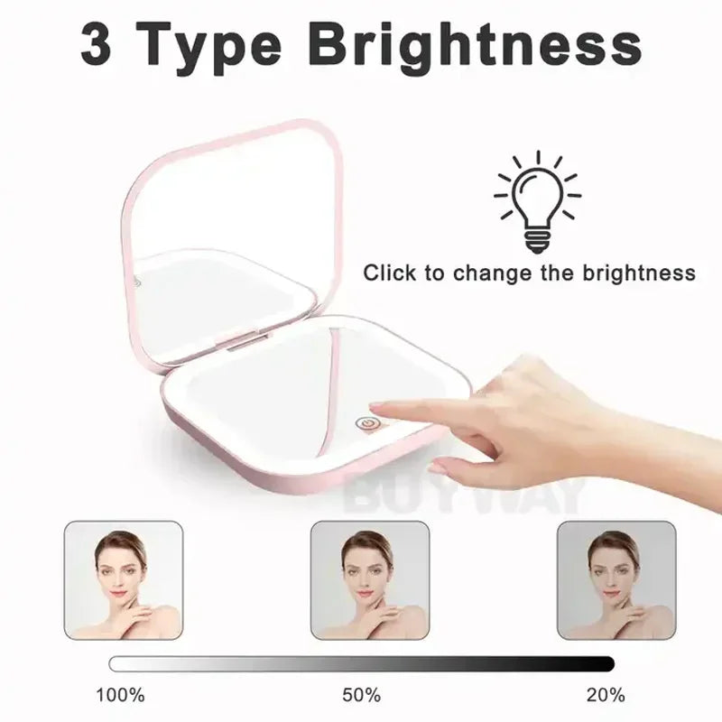 Miroir de Poche LED Carré Pliant Rechargeable USB-C 2x, Rose ou Blanc
