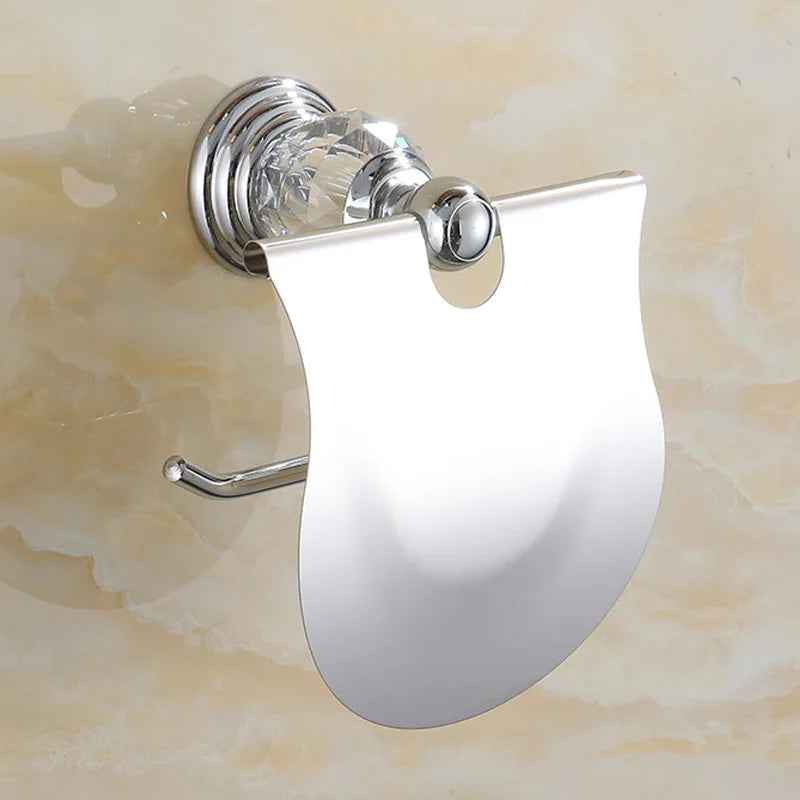 Porte-Papier Toilette Mural Inox et Cristal avec Couvercle, Doré ou Chromé