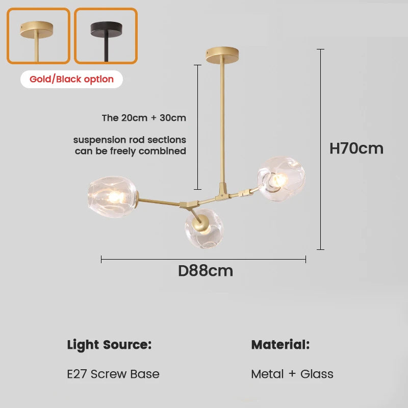 Suspension Cuisine Branches Globes en Verre, 3 à 9 Têtes