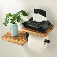 Porte-Papier Toilette Mural avec 2 Étagères en Bois, Support Métal Noir