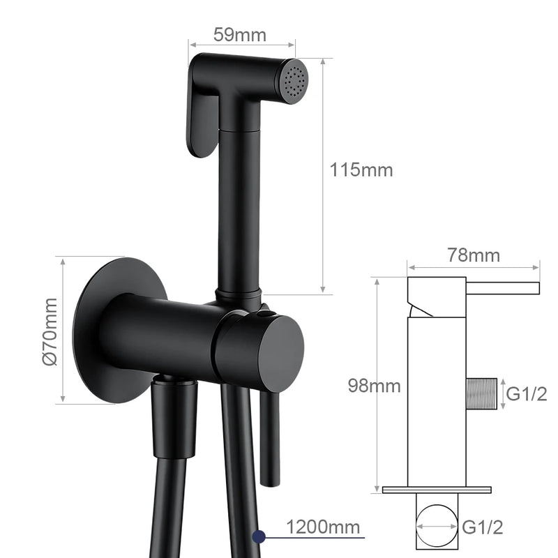 Douchette WC Mitigeur Mural avec Flexible 1,2 m, Noir, Gris, Chromé ou Doré