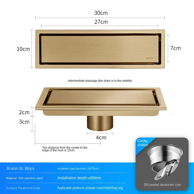 Caniveau de Douche Rectangulaire Inox 304 Anti-Odeur, 20 à 60 cm
