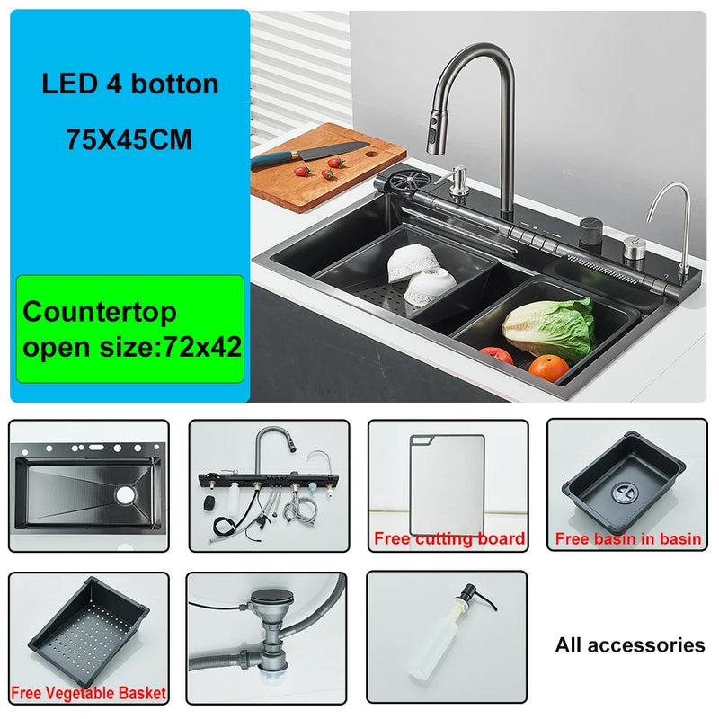 Évier de Cuisine Inox Cascade LED Affichage Digital 1 Bac