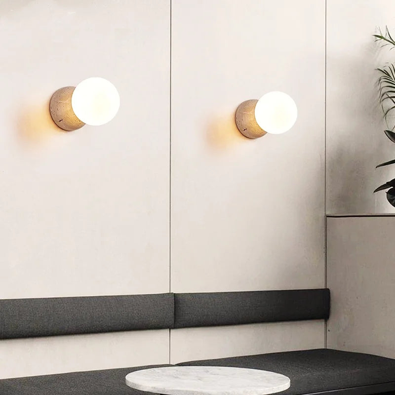 Applique Salle de Bain Travertin, Globe en Verre ou Spot en Bois