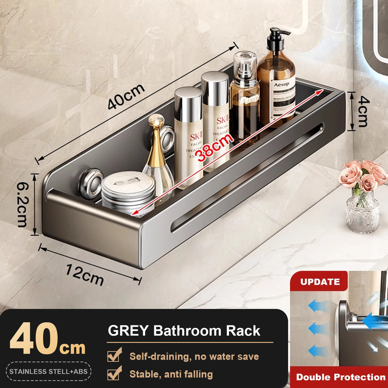 Étagère Salle de Bain Inox Gris à Ventouses, Sans Perçage 30 à 50 cm