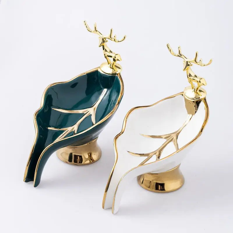 Porte-Savon Céramique Feuille Décor Cerf Doré