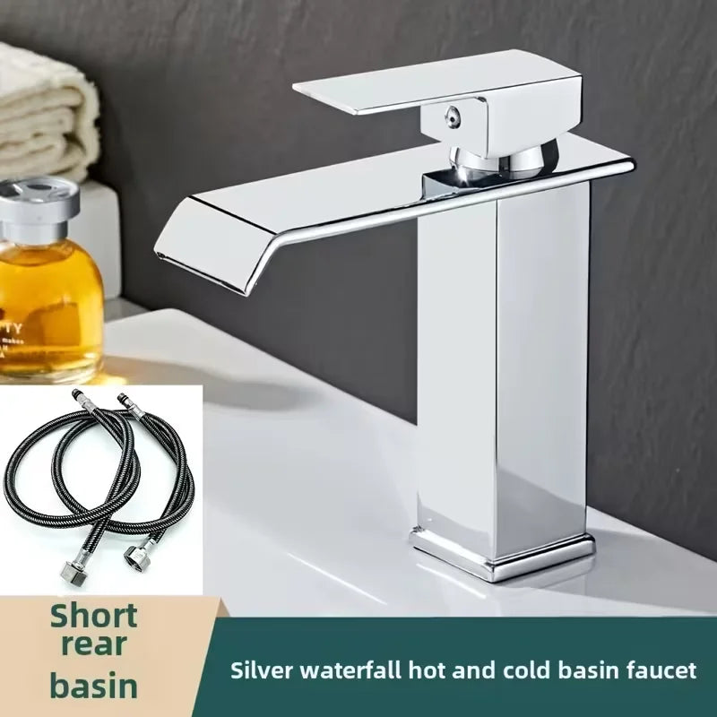Mitigeur Lavabo Cascade Carré Noir et Doré, Modèle Bas ou Haut, 4 Finitions