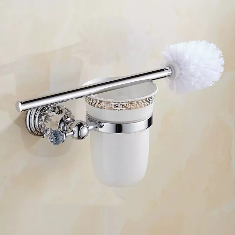 Porte-Brosse WC Mural Doré ou Chromé, Coupelle Céramique et Brosse