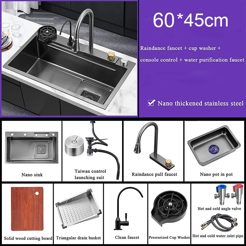 Évier de Cuisine Multifonction Cascade Noir avec Lave-Tasse