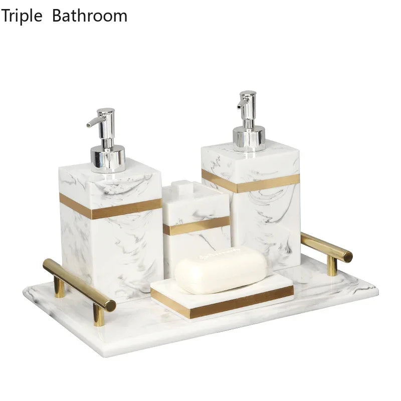 Accessoires Salle de Bain Effet Marbre et Doré à la Pièce, 7 Articles