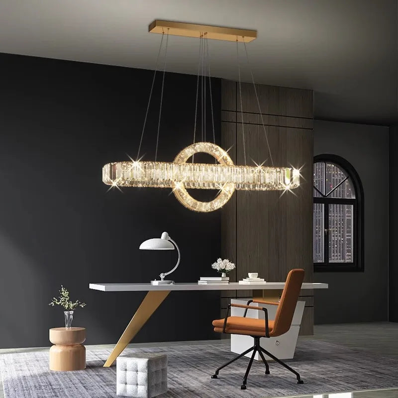 Suspension Cuisine LED Cristal Linéaire à Anneau, 90 à 150 cm