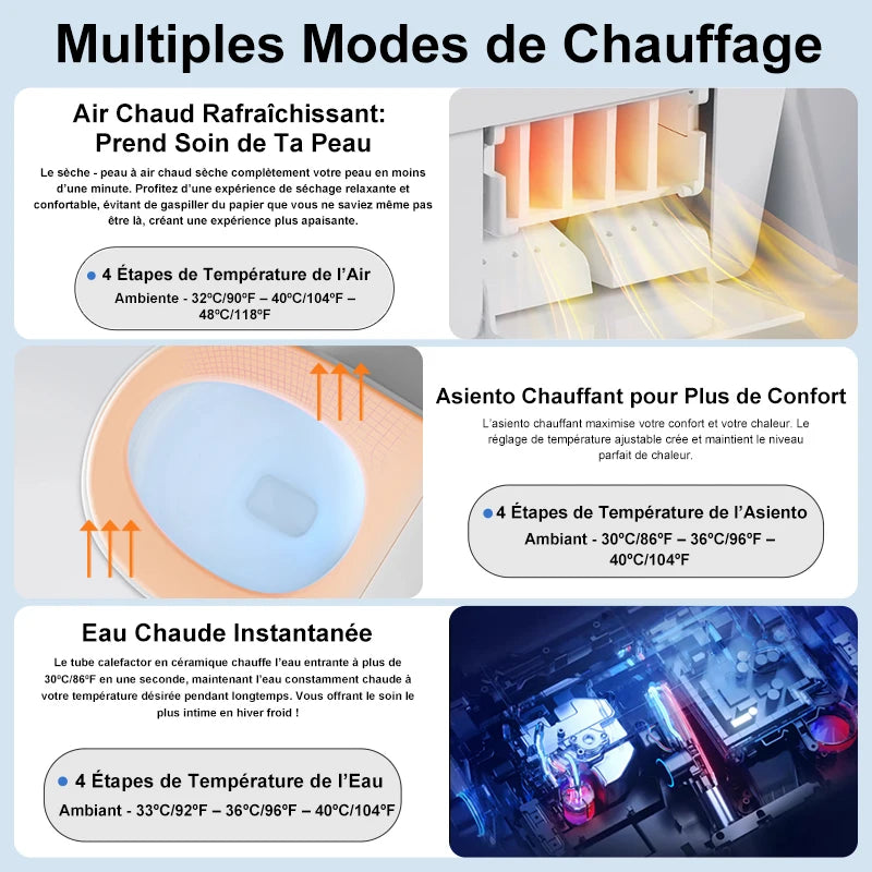 Abattant WC Japonais Chauffant Lavage Séchage Veilleuse LED, 48 ou 51 cm