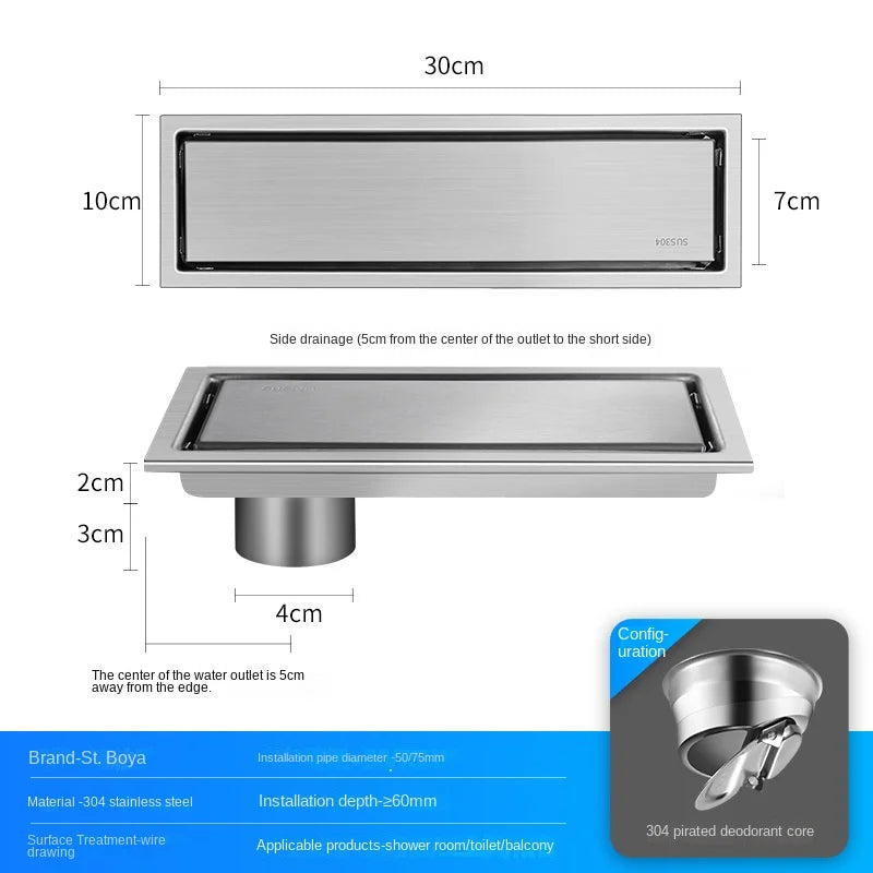 Caniveau de Douche Rectangulaire Inox 304 Anti-Odeur, 20 à 60 cm