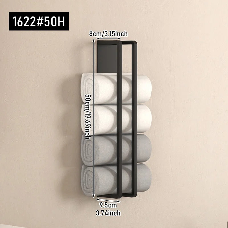 Porte-Serviette Mural Noir Sans Perçage pour Serviettes Roulées, 40 ou 50 cm