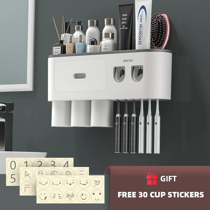 Porte-Brosse à Dents Mural Magnétique, Distributeur de Dentifrice, 1 à 5 Gobelets