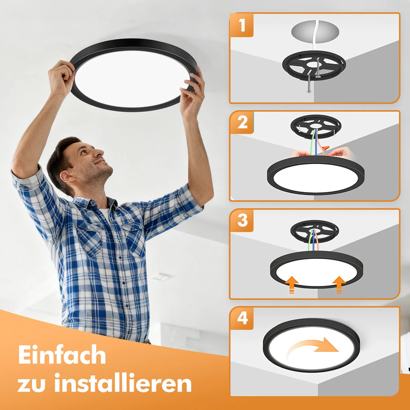 Plafonnier LED Cuisine Rond Noir Ultra-Fin 20 à 48 W, Lot de 1 à 5