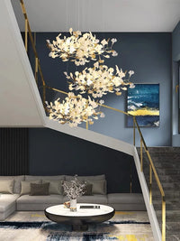 Suspension Cuisine Feuilles de Ginkgo Doré et Blanc, 60 à 150 cm