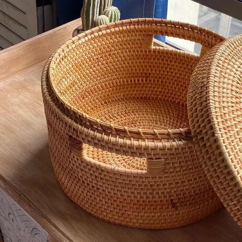Panier de Rangement en Rotin Tissé avec Couvercle, 3 Tailles