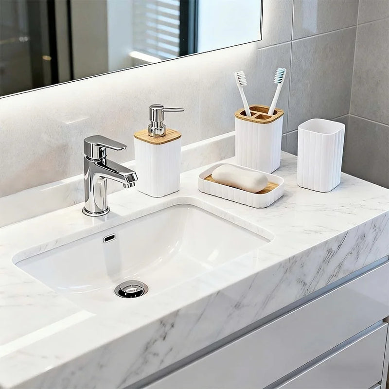 Ensemble Accessoires Salle de Bain Blanc et Bambou, 4 Pièces