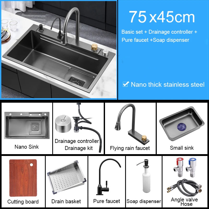 Évier de Cuisine Multifonction Cascade Noir avec Lave-Tasse