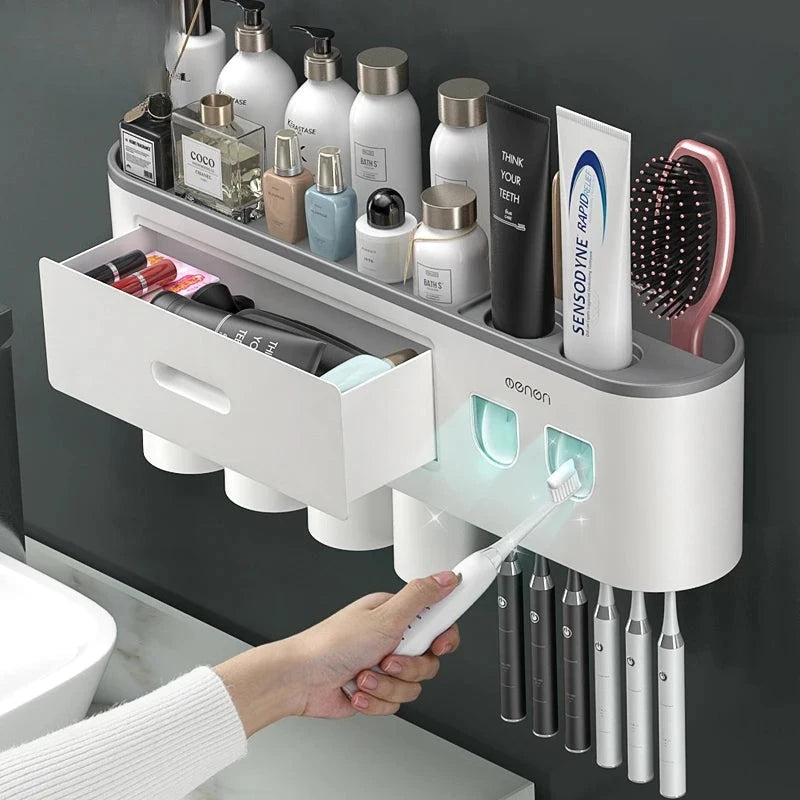 Porte-Brosse à Dents Magnétique avec Presse-Dentifrice et Étagère Murale