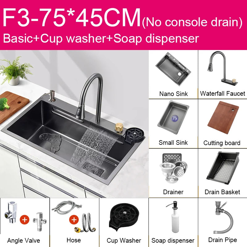 Évier de Cuisine Multifonction Cascade Noir avec Lave-Tasse