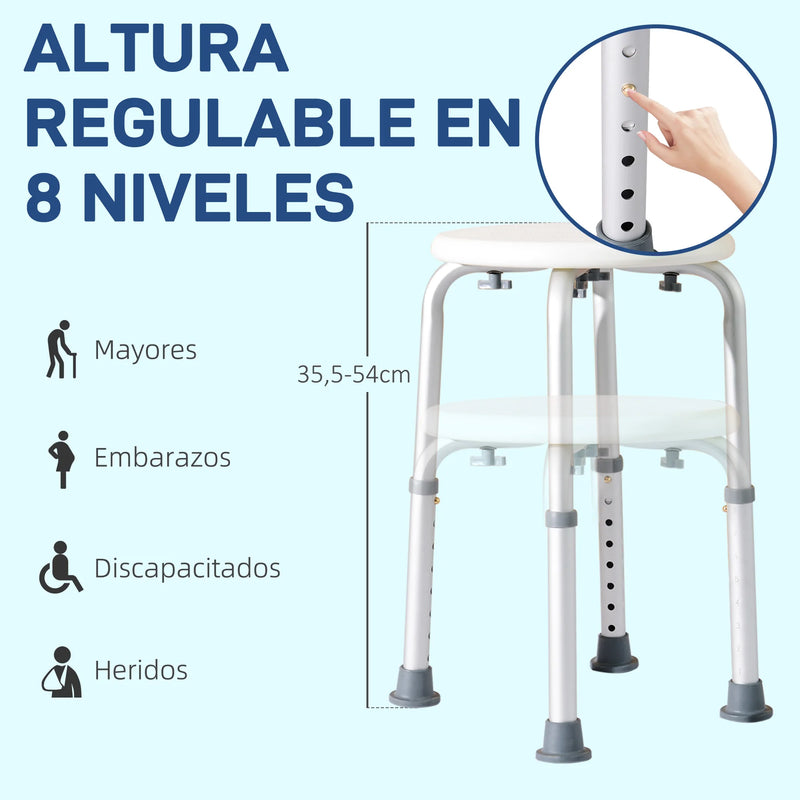 Tabouret de Douche Rond Réglable en Hauteur, Aluminium Antidérapant