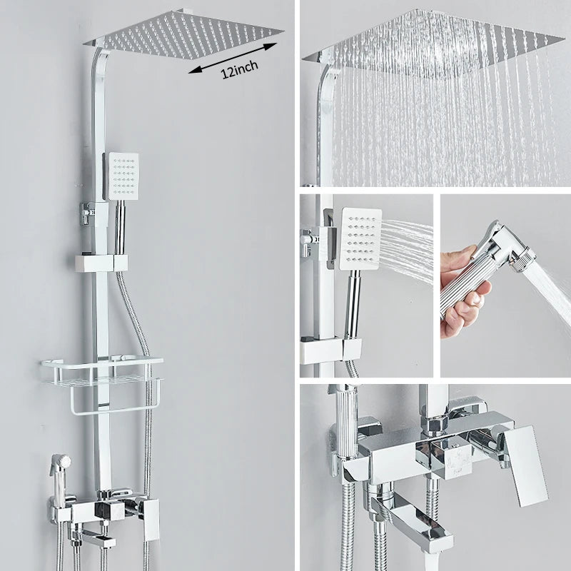 Colonne de Douche Carrée 3 ou 4 Voies avec Bec de Bain