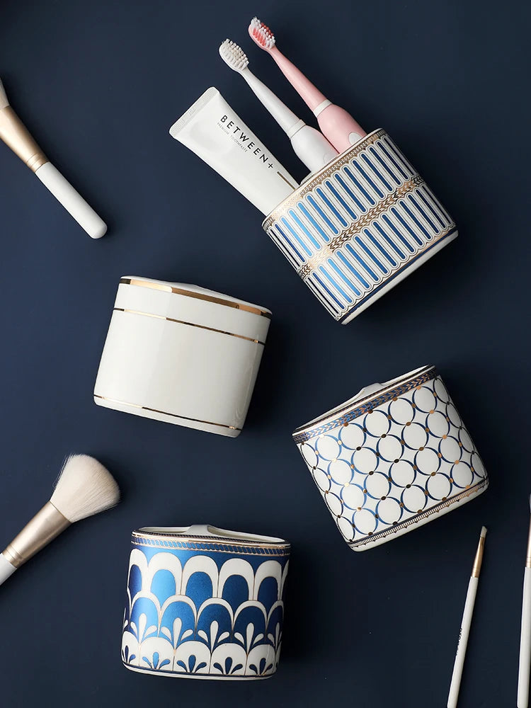 Porte-Brosse à Dents et Dentifrice Céramique Ovale, 4 Décors, 11 cm