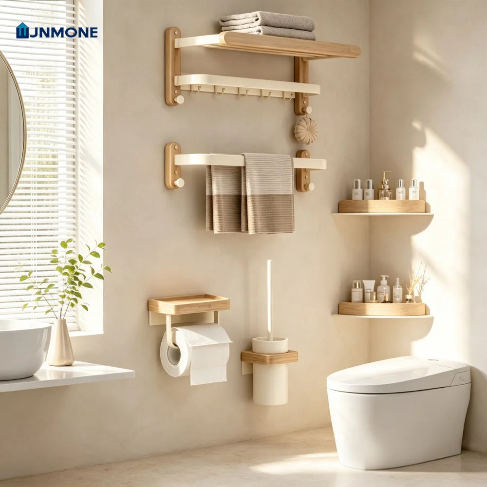 Set Accessoires Salle de Bain Bois et Blanc 7 Pièces