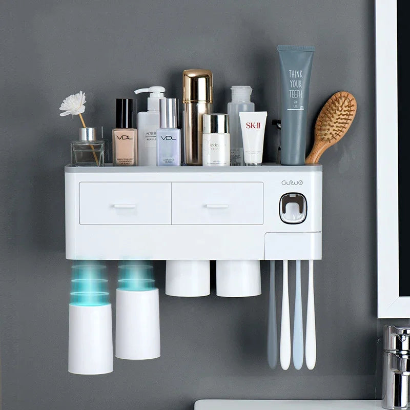 Porte-Brosse à Dents Mural Sans Perçage avec Distributeur de Dentifrice et Gobelets