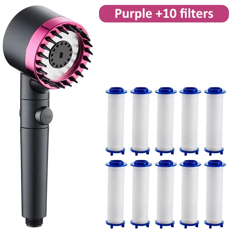 Pommeau de Douche Massant à Picots, 4 Modes, Bouton Stop, Gris ou Fuchsia