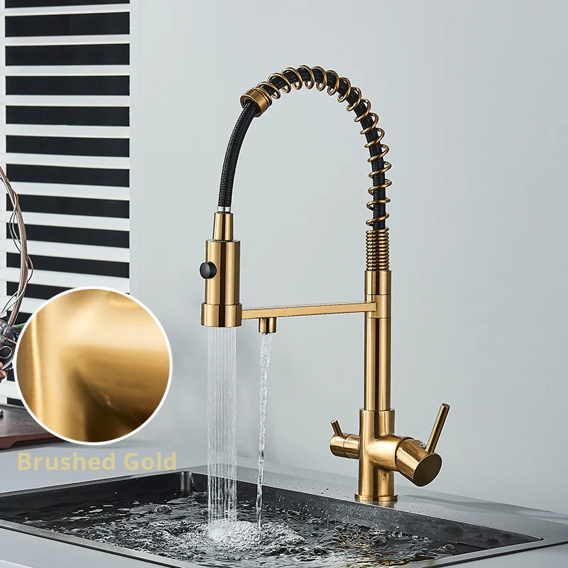Mitigeur Cuisine 3 Voies Eau Filtrée Col Souple ou Ressort, 5 Finitions