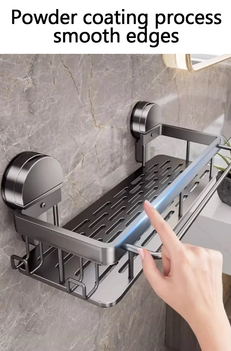 Étagère Salle de Bain Aluminium Gris à Ventouses, 1 ou 2 Plateaux
