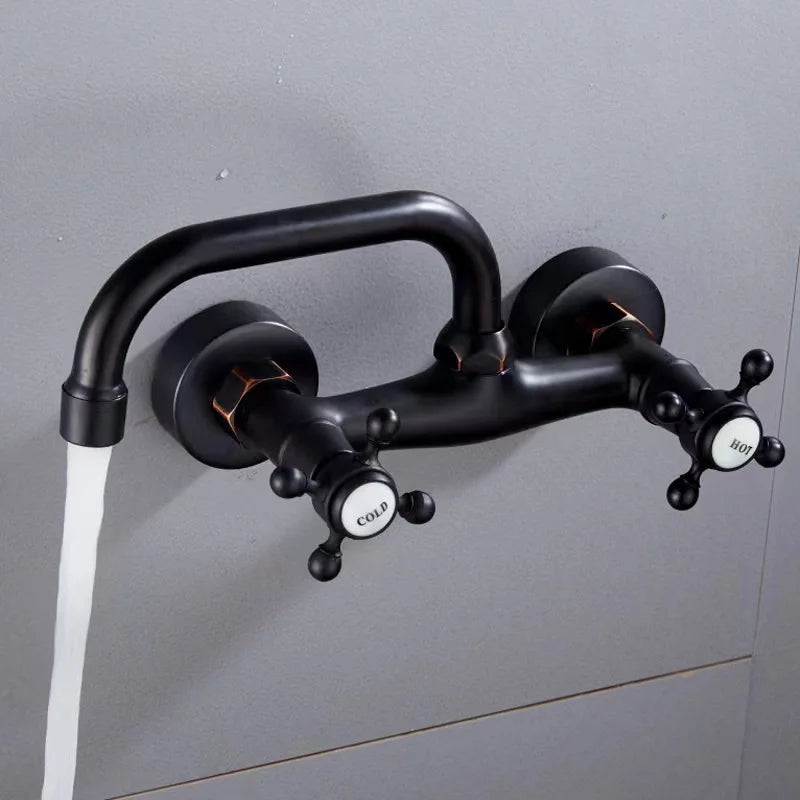 Robinet Mural Lavabo à Croisillons en Laiton, Bec Haut Courbé, 3 Finitions