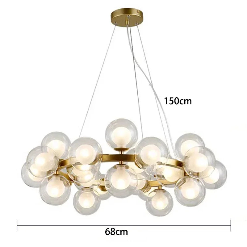 Lustre Suspension Cuisine Bulles de Verre, Cercle Doré, 15 à 25 Globes