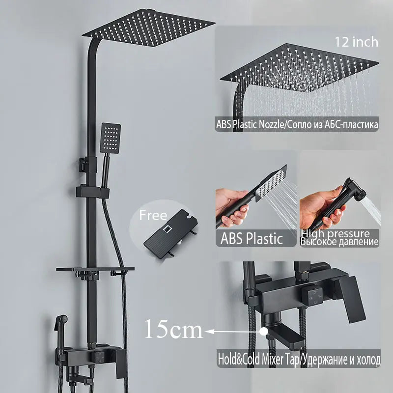 Colonne de Douche Réglable 73 à 116 cm avec Étagère, Noir, Chromé ou Doré