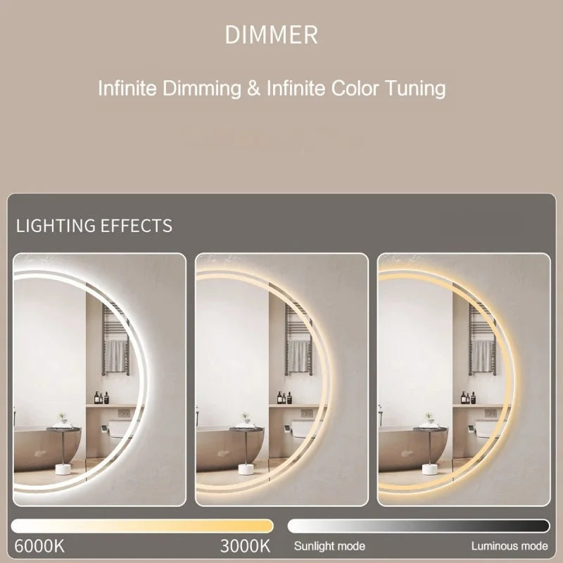 Miroir LED Salle de Bain Rond Anti-Buée avec Horloge