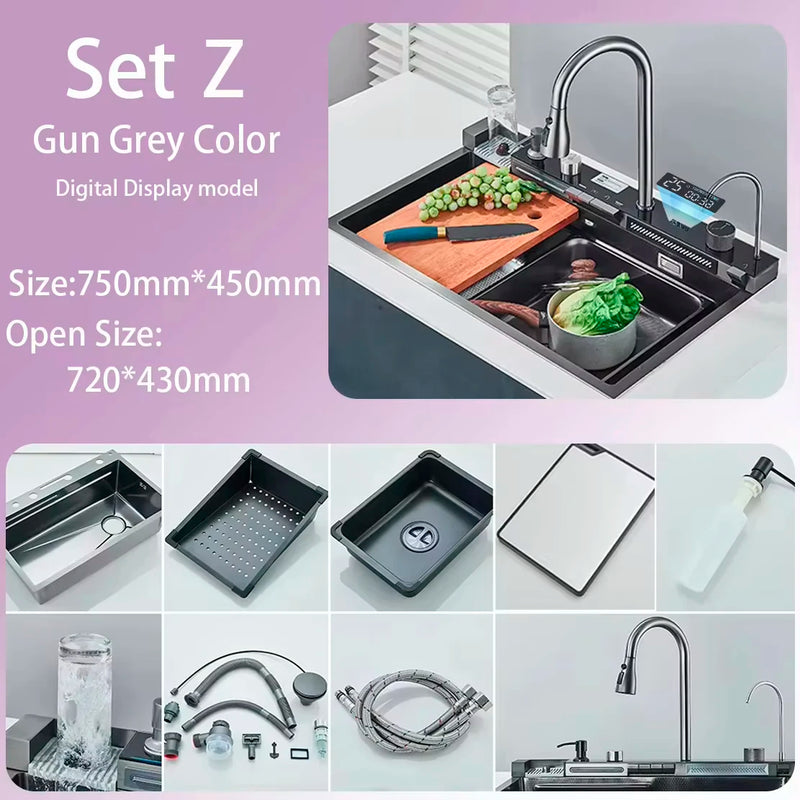 Évier Cuisine Inox Cascade Multifonction, Robinet Inclus, 60 à 80 cm