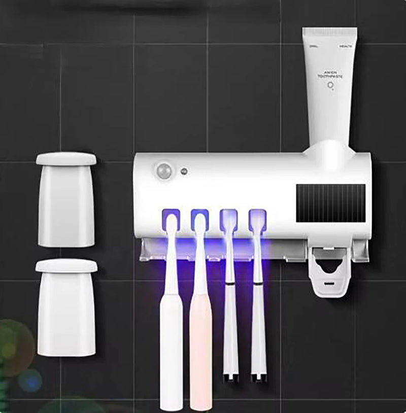 Porte-Brosse à Dents Mural 4 Places, Distributeur de Dentifrice et Lampe UV, Noir ou Blanc