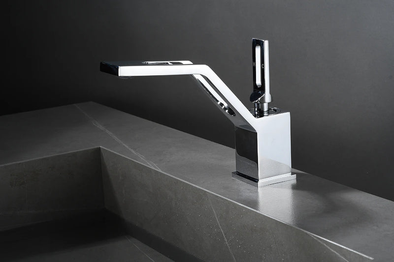 Mitigeur Lavabo Design Angulaire en Laiton Monotrou, Blanc, Chromé, Noir ou Gris
