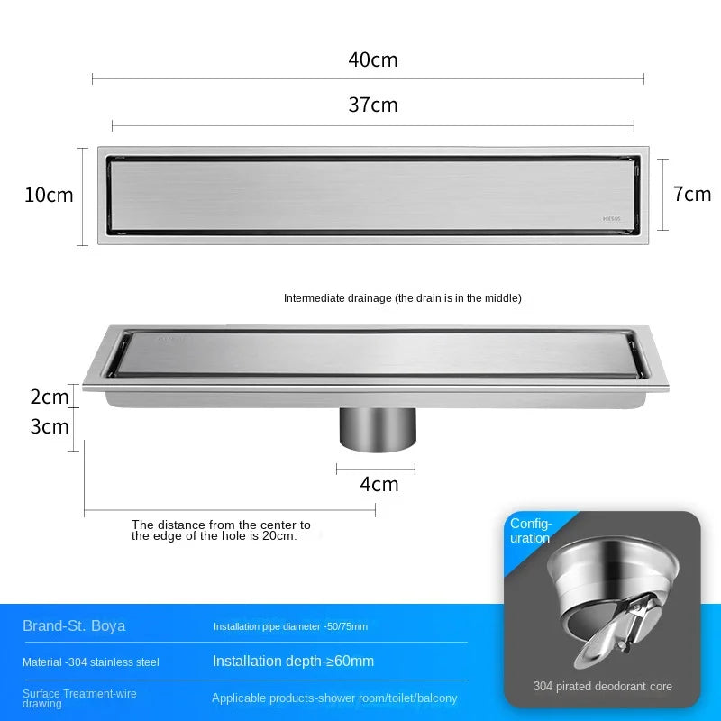 Caniveau de Douche Inox 304 Noir, Doré, Brossé, 20 à 60 cm