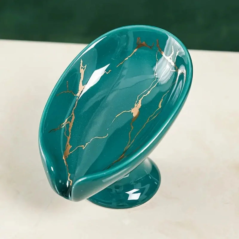 Porte-Savon Céramique Veinures Dorées sur Socle, Blanc, Vert ou Noir