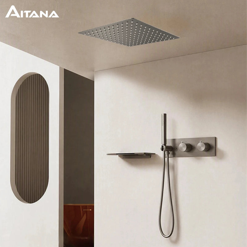 Douche Encastrable Thermostatique Pomme de Pluie Carrée, Plafond ou Mural, 4 Finitions