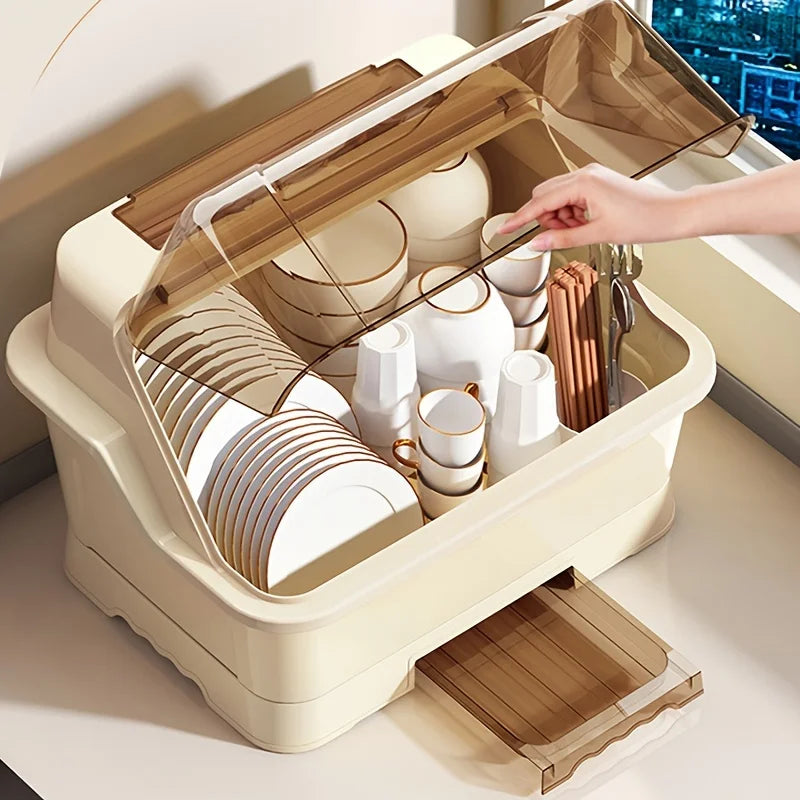 Étagère à Vaisselle avec Couvercle Beige Anti-Poussière