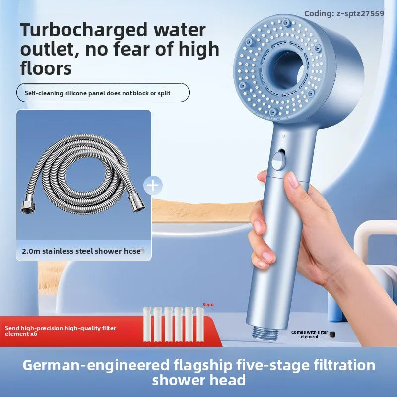 Pommeau de Douche Haute Pression 5 Modes avec 6 Filtres Gris, Blanc ou Bleu