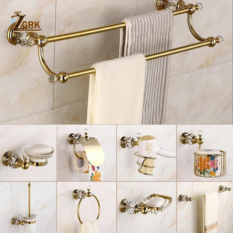 Accessoires Salle de Bain Dorés à Cristal en Laiton à la Pièce, 12 Articles
